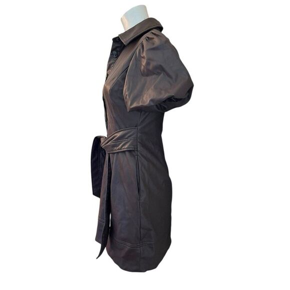 Toccin 6 Brown Faux Leather Shirt Dress Button Front Collared Mini Puff Slv - Picture 3 of 7